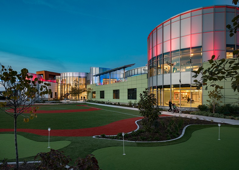 exterior of Ranken Jordan Pediatric Bridge Hospital, at nightfall