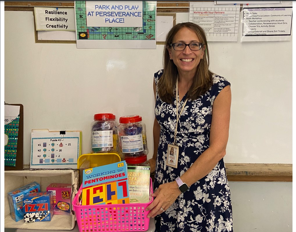 Miss Bregman shows classroom materials from Florham Park Education Foundation educator grant