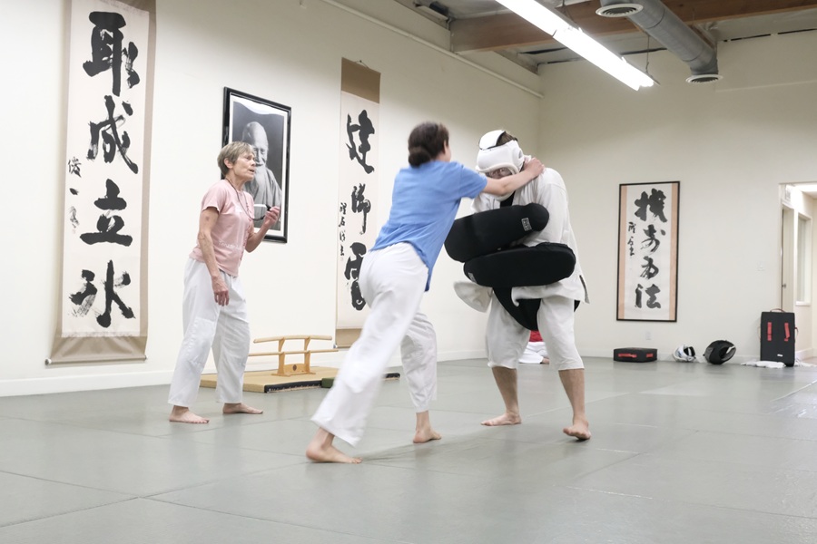 Budo Accelerator students practicing Aikido techniques during a supervised dojo training session.