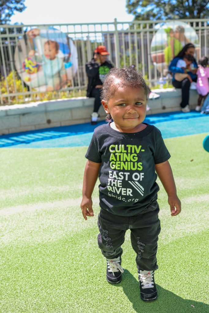 BBI school slogan t-shirt worn by toddler